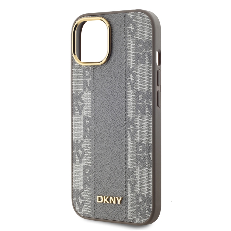 DKNY PU bőr kockás mintás Magsafe hátsó borító iPhone 15 bézs színű készülékhez