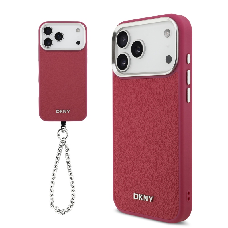 DKNY PU bőr fém logós csuklólánc MagSafe hátlap iPhone 17 Pro Max rózsaszínhez
