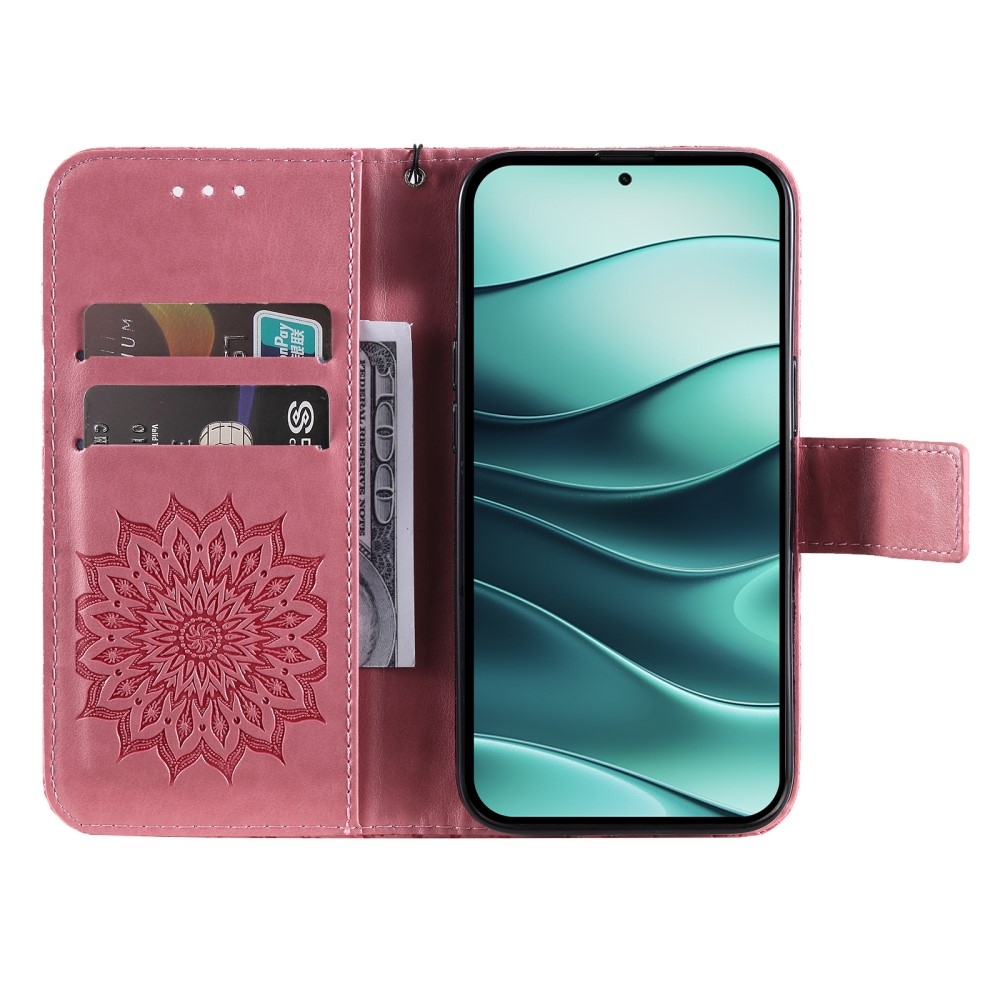 Napraforgó könyv tok a Xiaomi Redmi Note 14 5G-hez - rózsaszínű