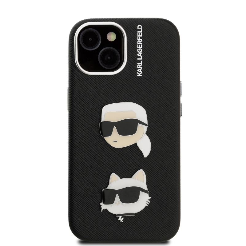 Karl Lagerfeld szemcsés PU K&CH Heads hátlap iPhone 15-hez Fekete