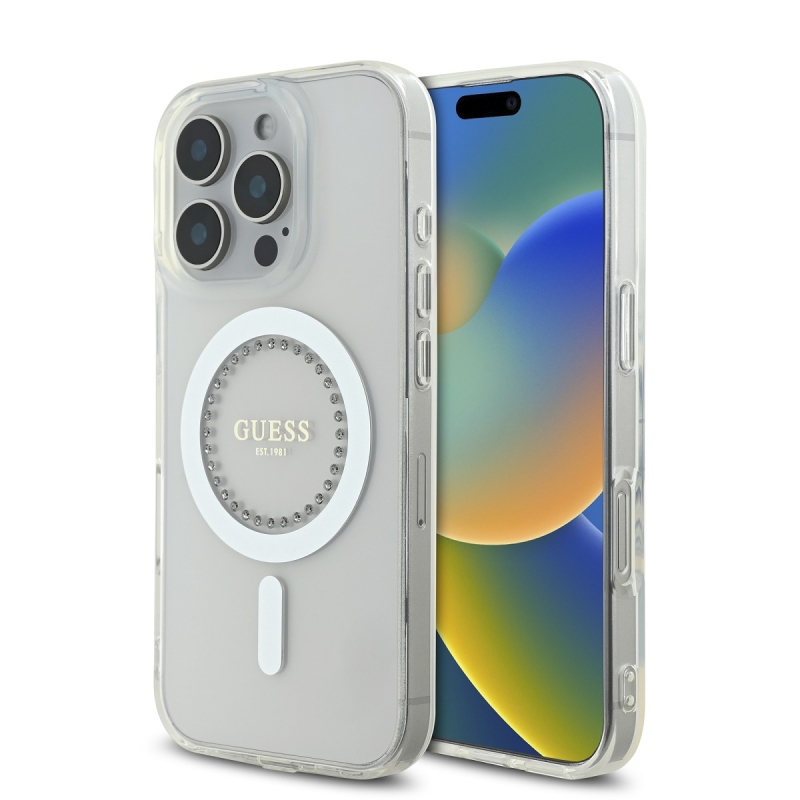 Guess IML strasszos gyűrűs MagSafe hátlap iPhone 16 Pro fehérhez