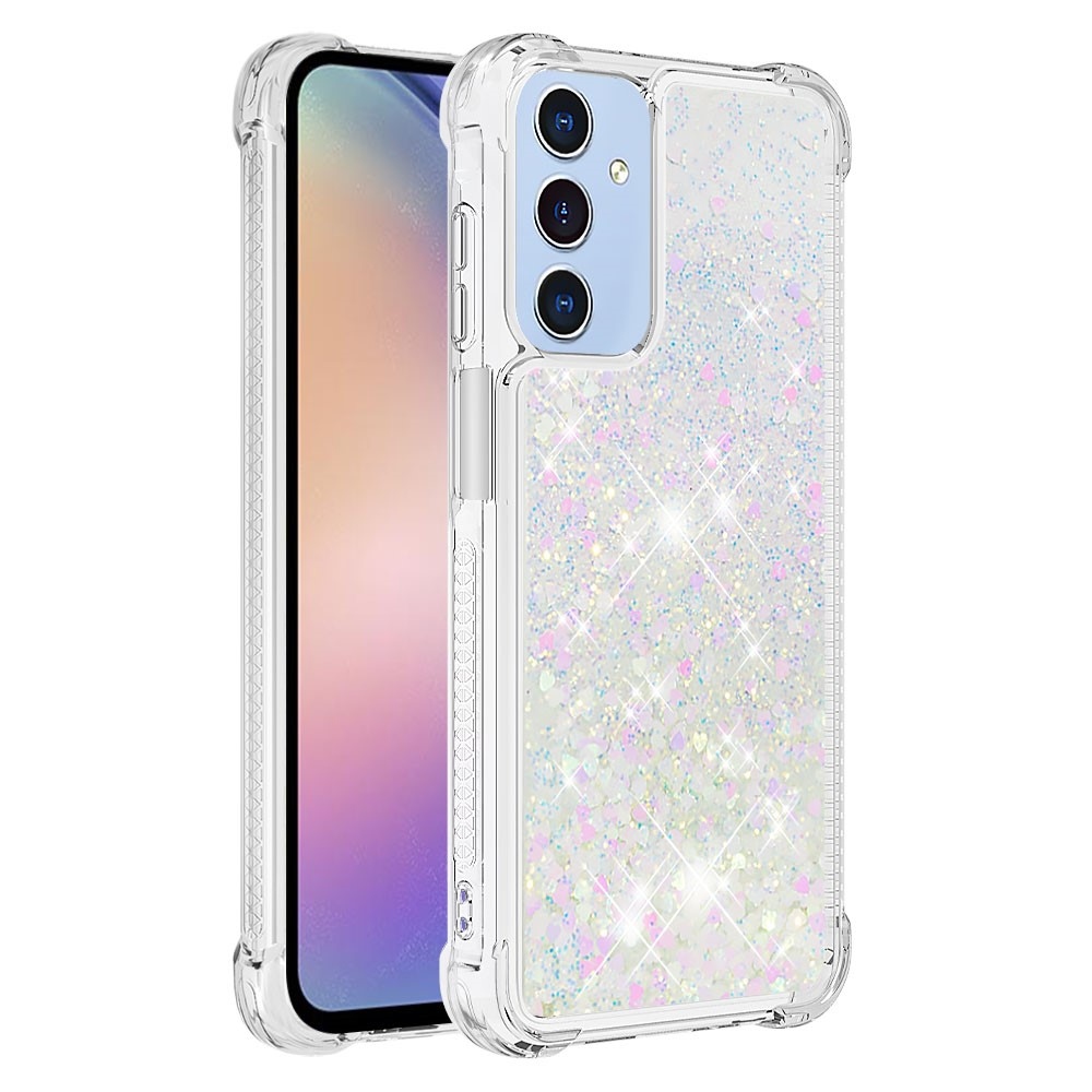 Csillogó homokóra zselés tok Samsung Galaxy A26 5G - rózsaszín és ezüst/szívecske