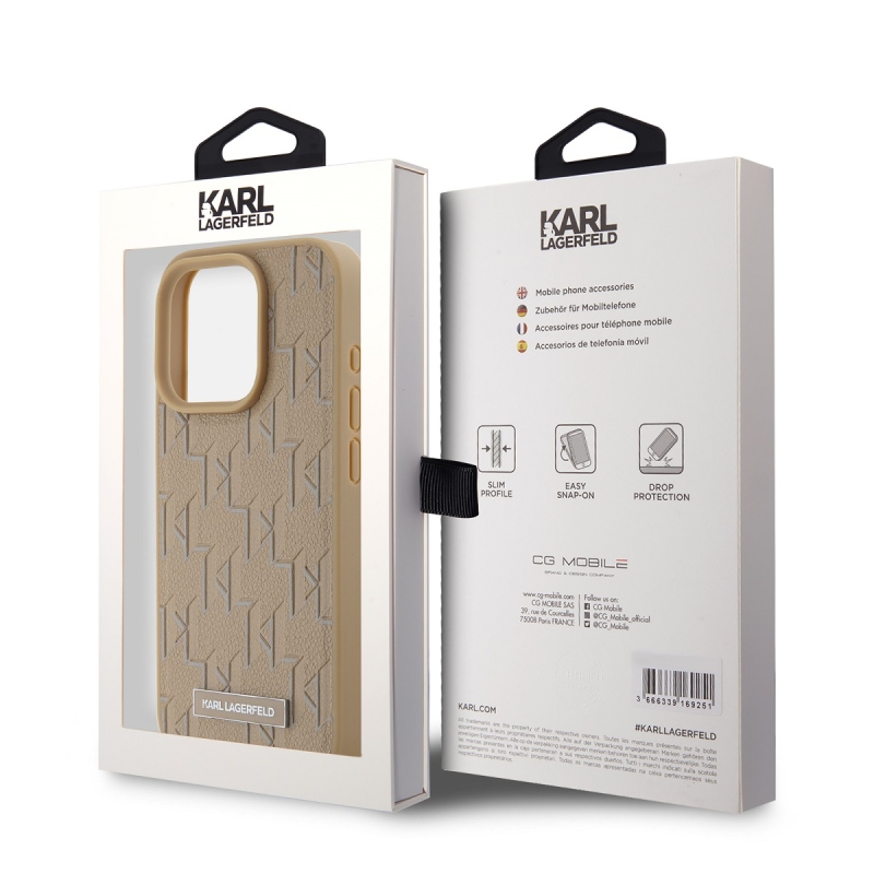Karl Lagerfeld PU bőr monogram fém logó MagSafe hátlap iPhone 14 Pro Max bézs színű borítóhoz