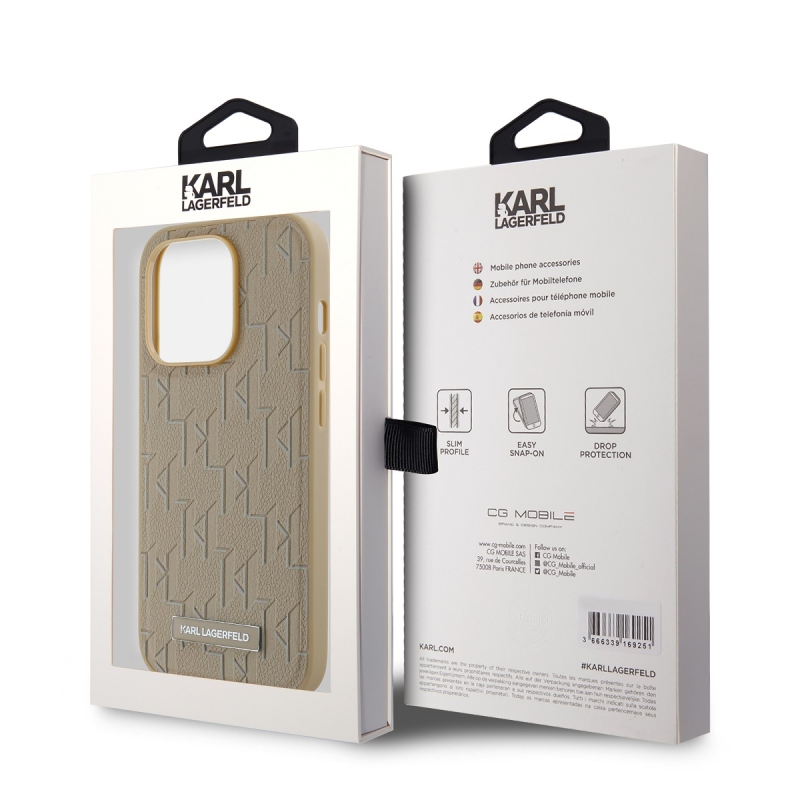 Karl Lagerfeld PU bőr monogram fém logó Magsafe hátlap iPhone 14 Pro bézs színű borítóhoz