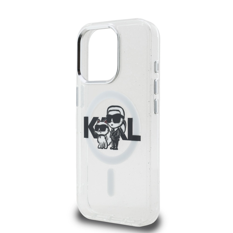 Karl Lagerfeld IML Glitter Karl és Choupette Sketch MagSafe hátlap iPhone 15 Pro-hoz Átlátszó
