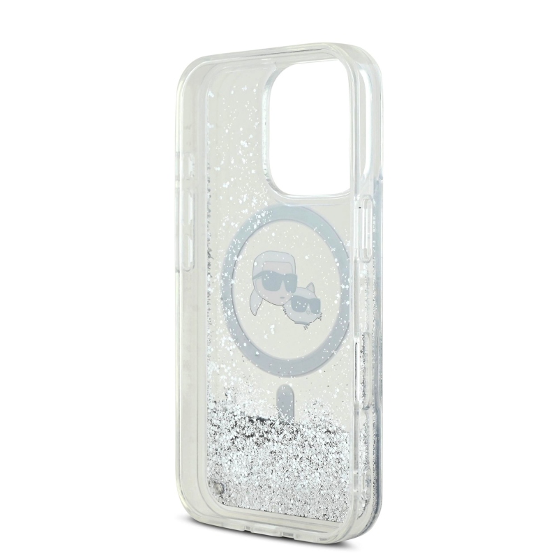 Karl Lagerfeld folyékony csillogó Karl és Choupette fejek MagSafe hátlap iPhone 16 Pro Max átlátszóhoz