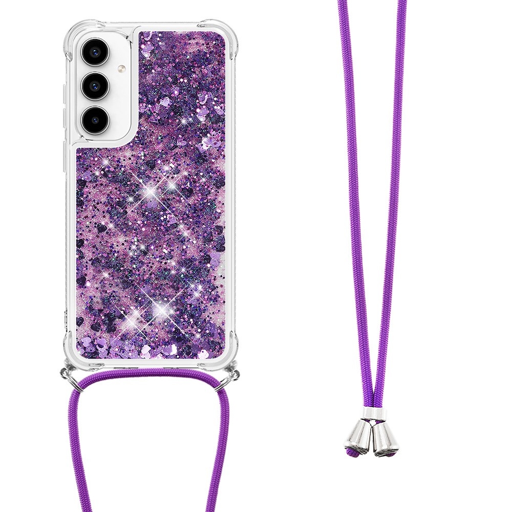 Csillogó homokóra zselés tok húzózsinórral Samsung Galaxy A36 5G - sötétlila/szív