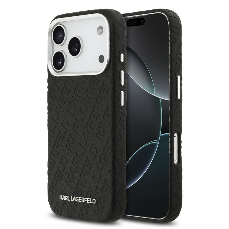 Karl Lagerfeld szemcsés PU ismétlődő logó MagSafe hátlap iPhone 17 Pro Fekete