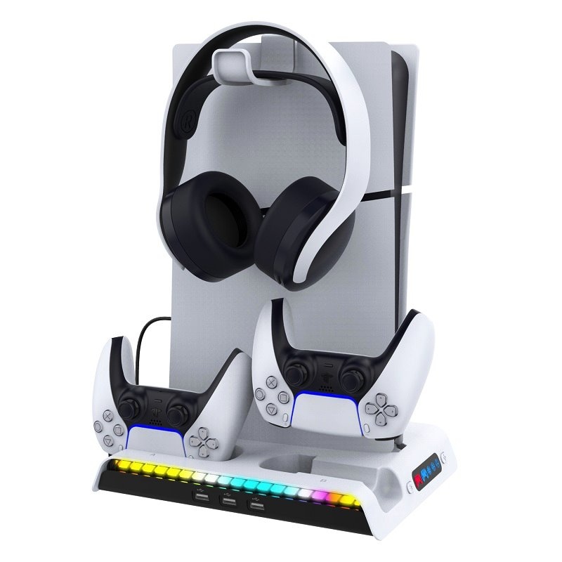 iPega P5S006 Többfunkciós újratölthető RGB állvány hűtéssel a PS5 Slim fehér színhez