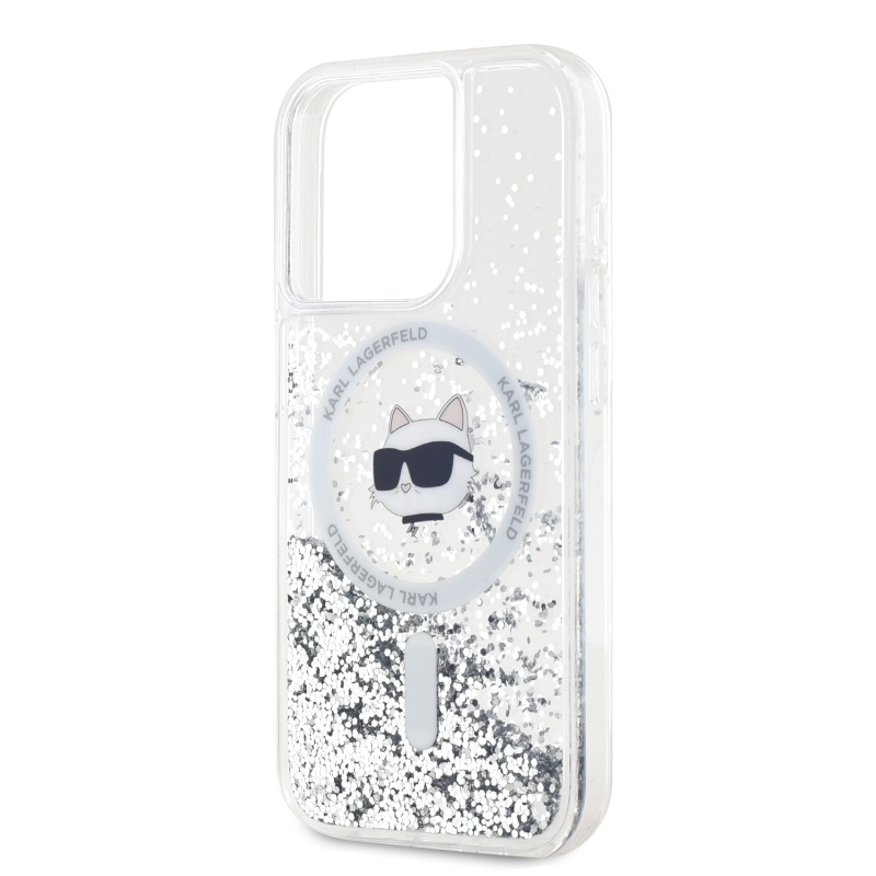 Karl Lagerfeld Liquid Glitter Choupette Head MagSafe hátlap iPhone 15 Pro Max-hoz Átlátszó