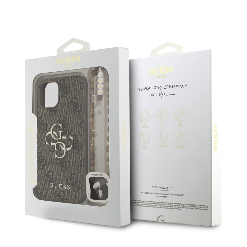 Guess PU 4G fém logós fém pánt hátlap iPhone 15 barna