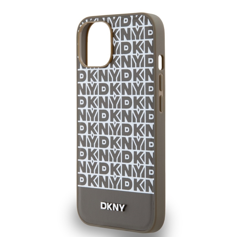 DKNY PU bőr ismétlődő mintás alsó csíkos MagSafe hátlap iPhone 15 barna 15-hez barna