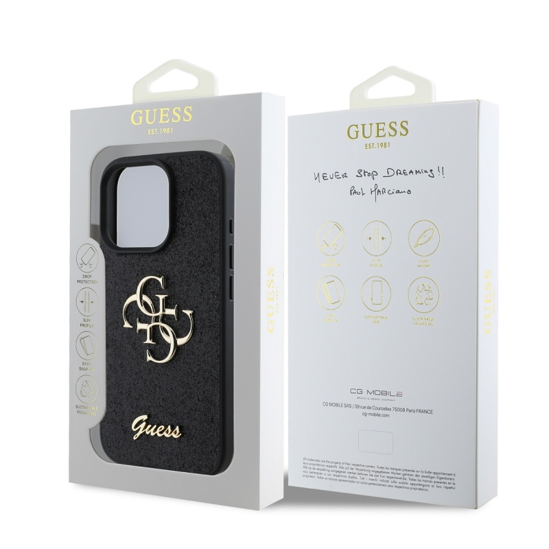 Guess PU Fixed Glitter 4G fém logó hátlap iPhone 16 Pro Fekete