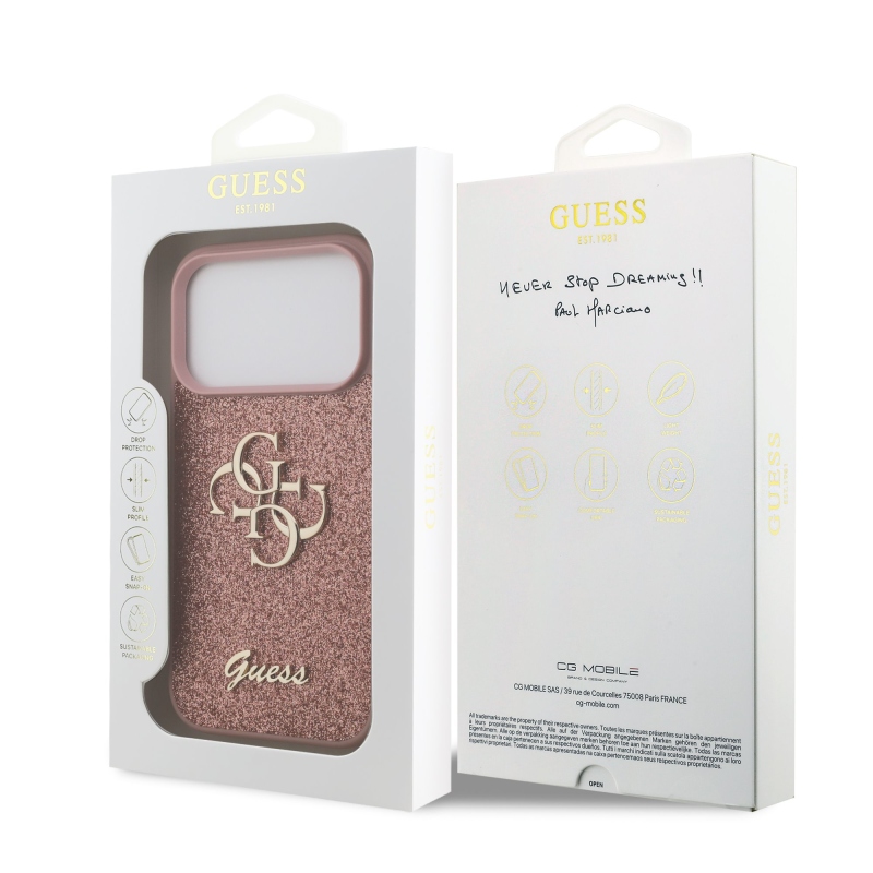 Guess PU Fixed Glitter 4G fém logó hátlap iPhone 17 Pro rózsaszínhez