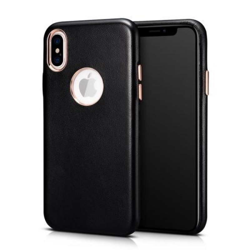 Valódi bőrrel borított műanyag tok iPhone X készülékhez - fekete