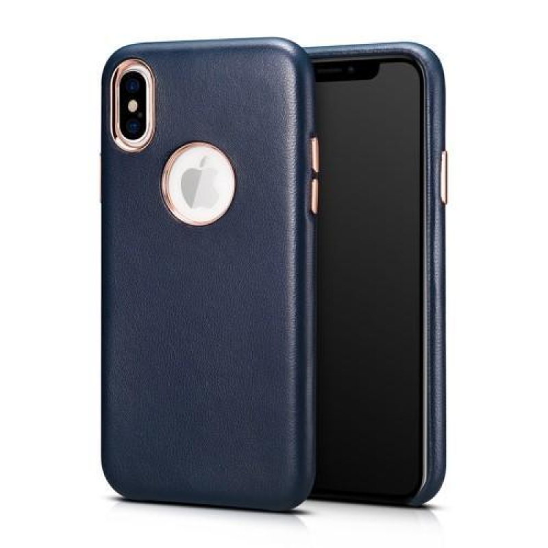 Valódi bőrrel borított műanyag tok iPhone X készülékhez - sötétkék