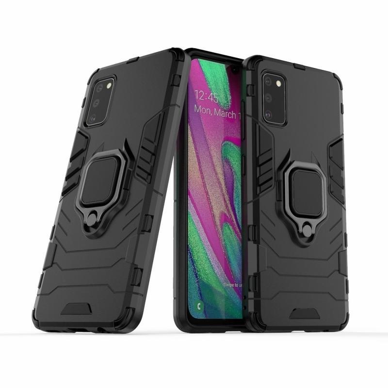 Héjálló hibrid borítás ujjgyűrűvel Samsung Galaxy A41 készülékhez - fekete
