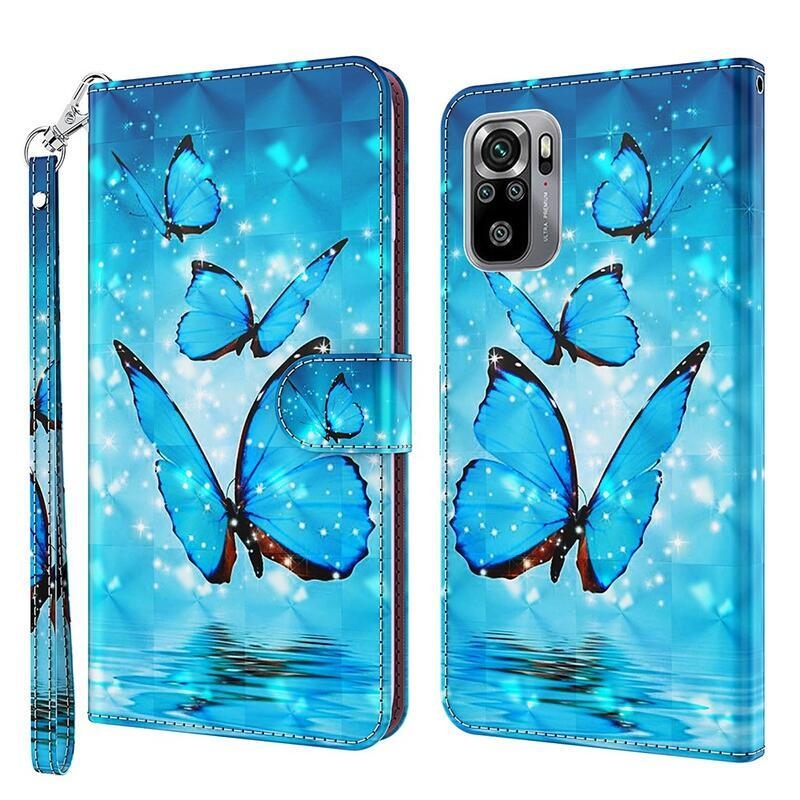 Nyomtatott pénztárca tok Xiaomi Redmi Note 10 4G/Redmi Note 10S/Poco M5s - kék pillangókhoz