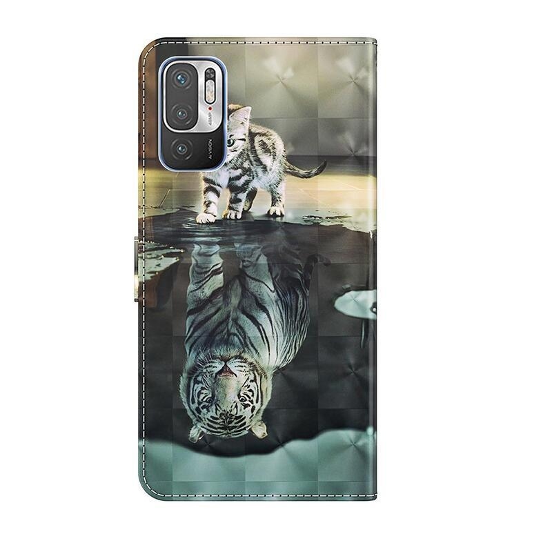 Nyomtatott pénztárca tok Xiaomi Redmi Note 10 5G/Poco M3 Pro 4G/5G - macska és tigris tükröződéssel