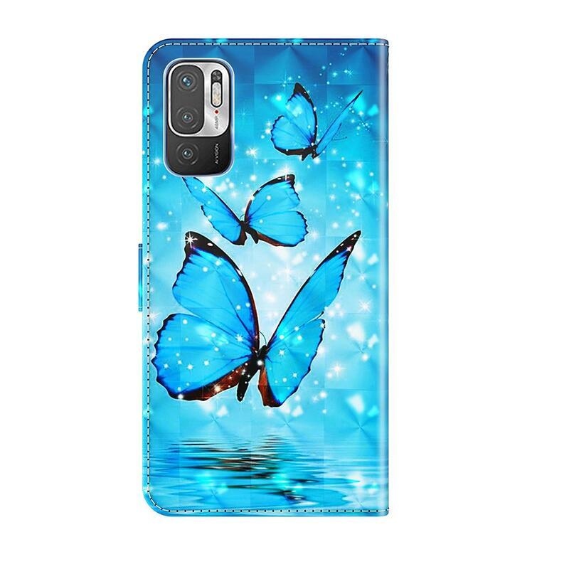 Nyomtatott pénztárca tok Xiaomi Redmi Note 10 5G/Poco M3 Pro 4G/5G - kék pillangókhoz