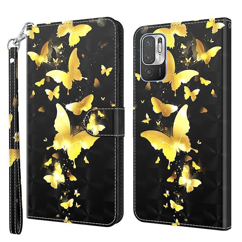 Nyomtatott pénztárca tok Xiaomi Redmi Note 10 5G/Poco M3 Pro 4G/5G - arany pillangókhoz