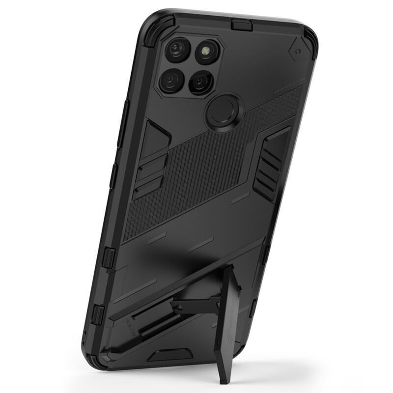 Ütésálló hibrid borítás csuklós állvánnyal a Realme C21Y/C25Y készülékhez - fekete színű