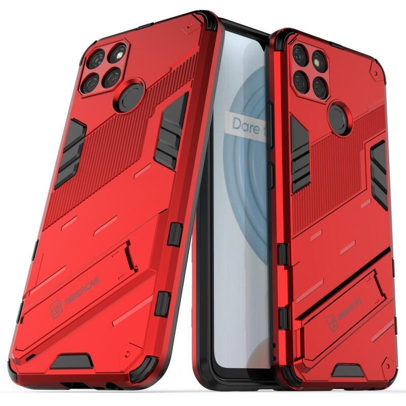 Ütésálló hibrid borítás felhajtható állvánnyal a Realme C21Y/C25Y készülékhez - piros színű