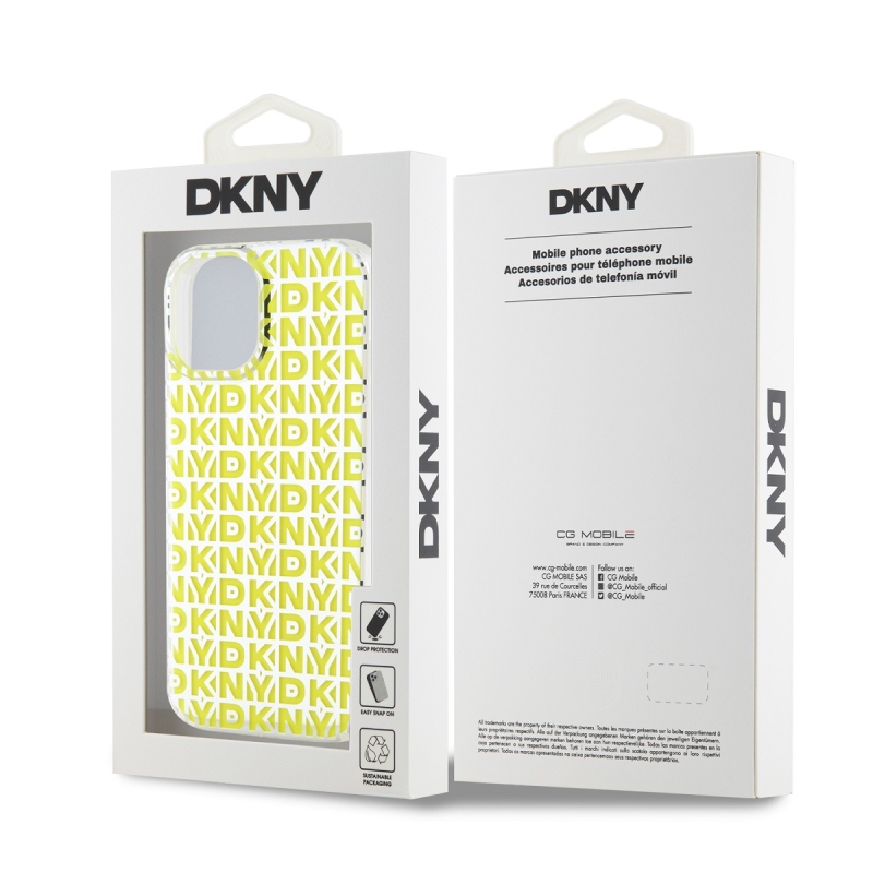 DKNY PC/TPU ismétlődő mintás hátsó borító iPhone 15 készülékhez Sárga