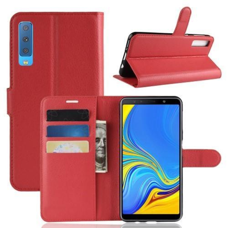 Bőr PU bőr flip tok Samsung Galaxy A7 (2018) készülékhez - piros
