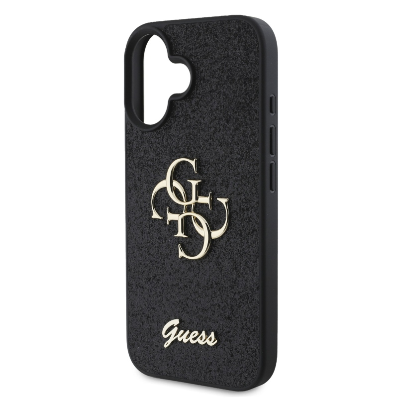 Guess PU Fixed Glitter 4G fém logó hátlap iPhone 16-hoz Fekete