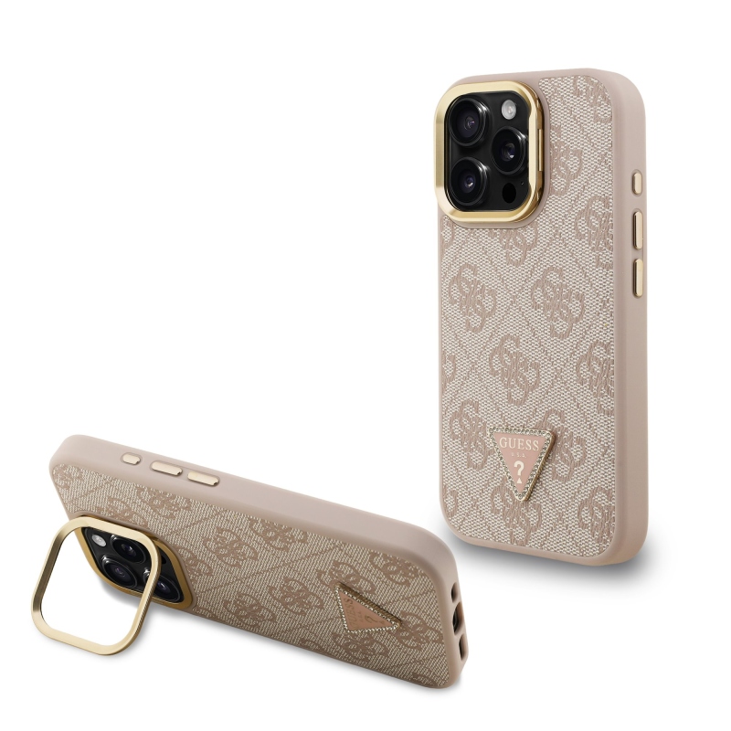 Guess PU 4G Strass háromszög logó állvány kamerakeret MagSafe hátlapi borító iPhone 16 Pro rózsaszínhez
