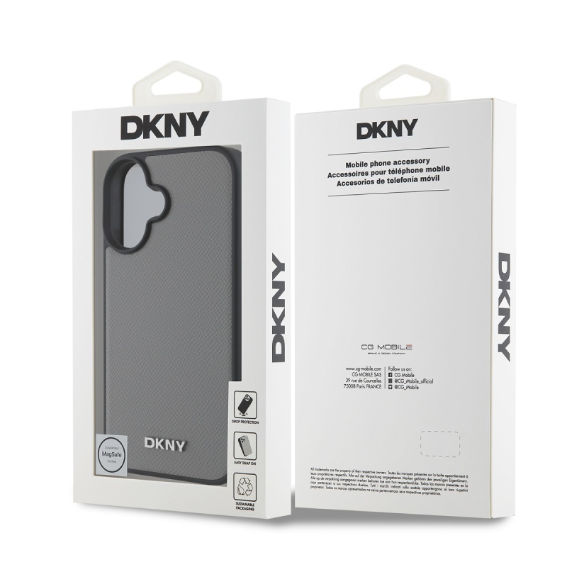 DKNY PU bőr ezüst fém logó Magsafe hátlap iPhone 16-hoz szürke