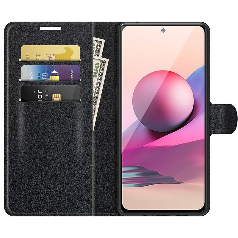 Hasított PU bőr pénztárca tok Xiaomi Redmi Note 10 4G/Redmi Note 10S/Poco M5s - fekete