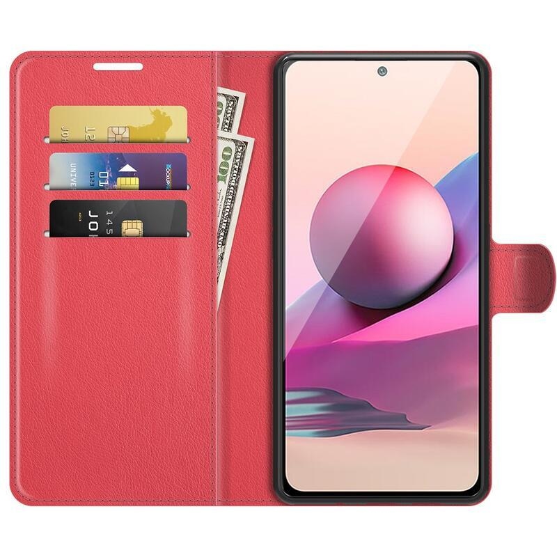 Osztott PU bőr pénztárca tok Xiaomi Redmi Note 10 4G/Redmi Note 10S/Poco M5s - piros