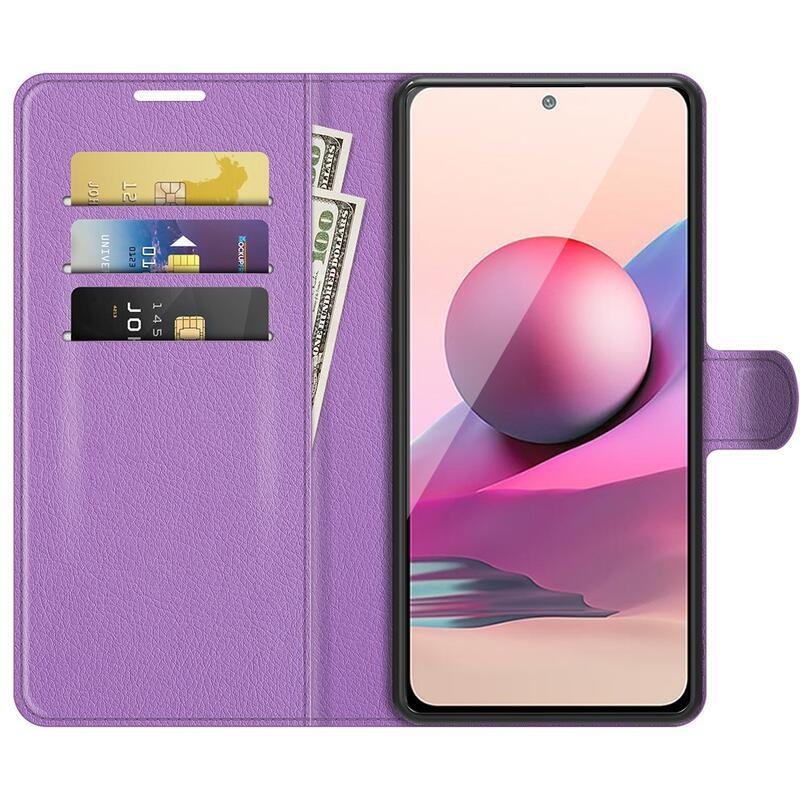 Osztott PU bőr pénztárca tok Xiaomi Redmi Note 10 4G/Redmi Note 10S/Poco M5s - lila