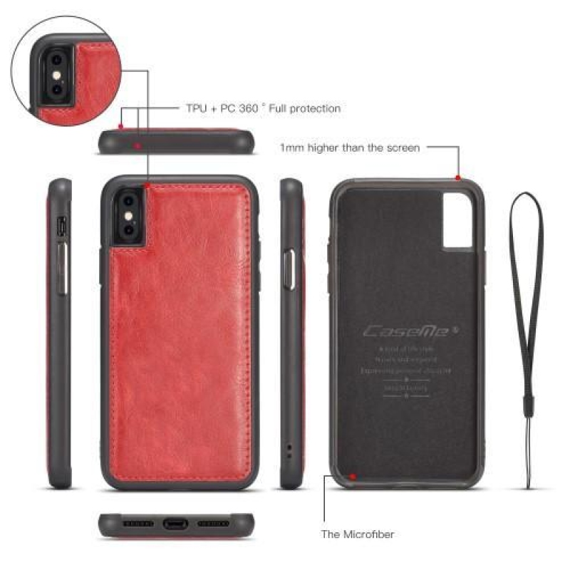 Hasított PU bőr tok levehető iPhone X tartóval - piros