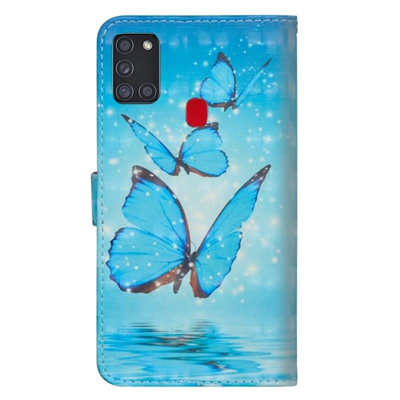 Nyomtatás PU bőr pénztárca tok Samsung Galaxy A21s - kék pillangók