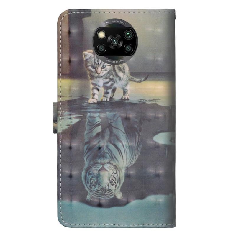 Nyomtatás PU bőr pénztárca tok Xiaomi Poco X3/X3 Pro - macska és tigris tükörkép