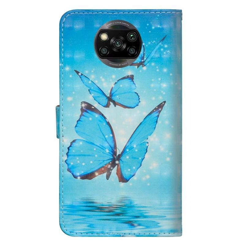 Nyomtatás PU bőr pénztárca tok Xiaomi Poco X3/X3 Pro - kék pillangókhoz