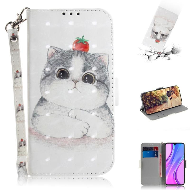 Foltos PU bőr pénztárca tok Xiaomi Redmi 9 - macska és paradicsom