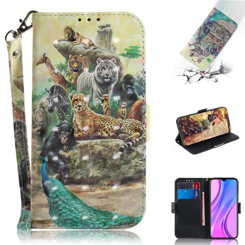 Foltos PU bőr pénztárca tok Xiaomi Redmi 9 - állati világ