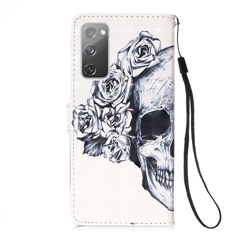 Foltos PU bőr pénztárca tok Samsung Galaxy S20 FE/S20 FE 5G - koponya virágokkal