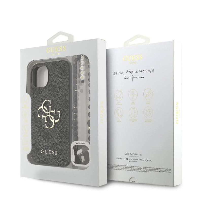 Guess PU 4G fém logós fém pánt hátlap iPhone 15 fekete