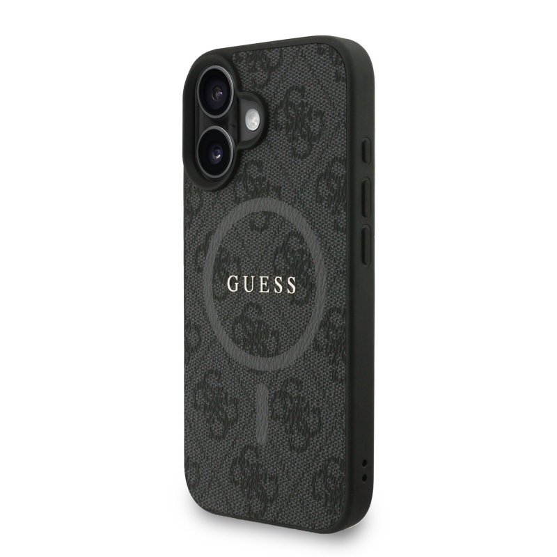 Guess PU bőr 4G színes gyűrűs pánt MagSafe hátlap iPhone 16-hoz Fekete