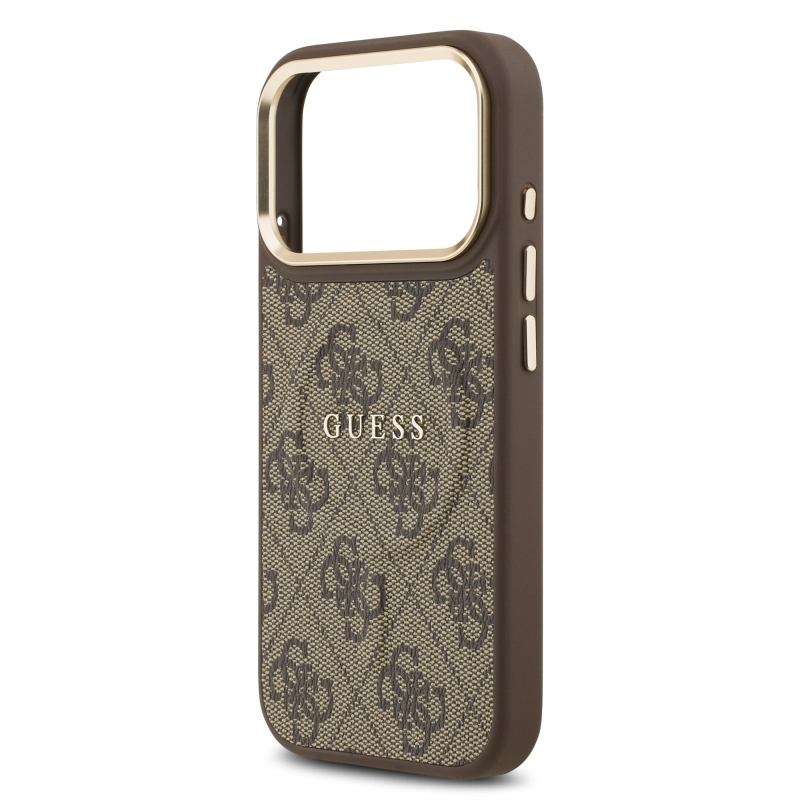Guess PU bőr 4G aranykeret MagSafe hátlap iPhone 17 Pro barna színű borítóhoz