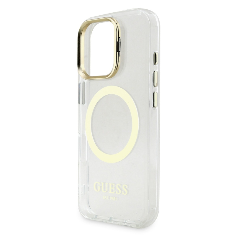 Guess IML Gold Outline Stand Kamera keret MagSafe hátlapi borító iPhone 16 Pro átlátszóhoz