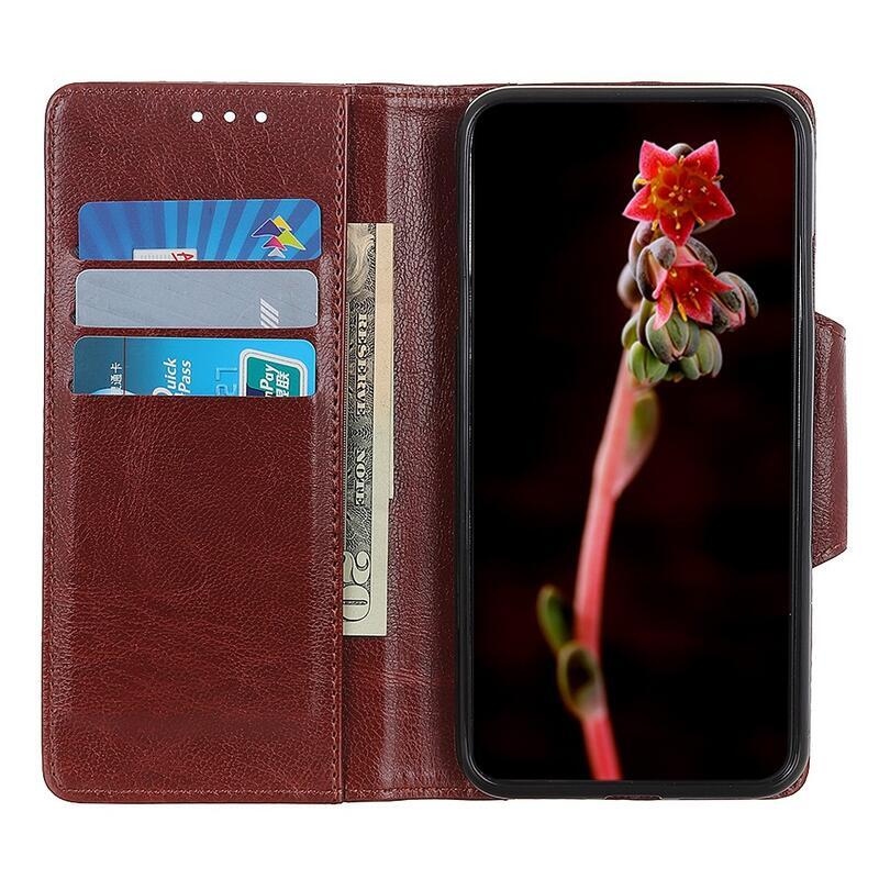 Állvány PU bőr pénztárca tok Samsung Galaxy A72 5G-hez - barna
