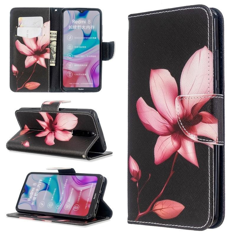 Állvány PU bőr pénztárca tok Xiaomi Redmi 8-hoz - rózsaszín virág