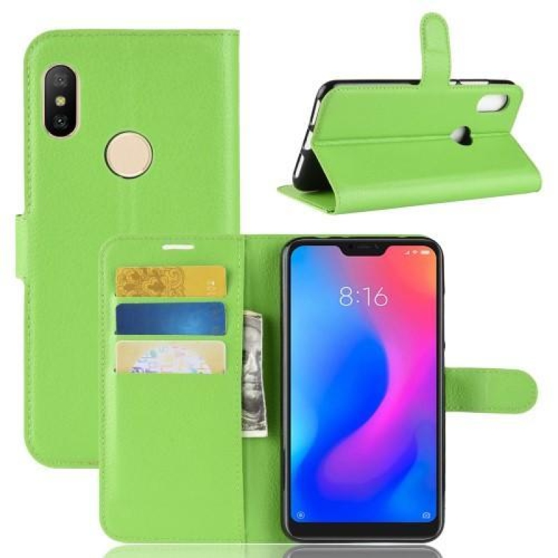 Állvány PU bőr pénztárca tok a Xiaomi Redmi Note 6 Pro-hoz - zöld