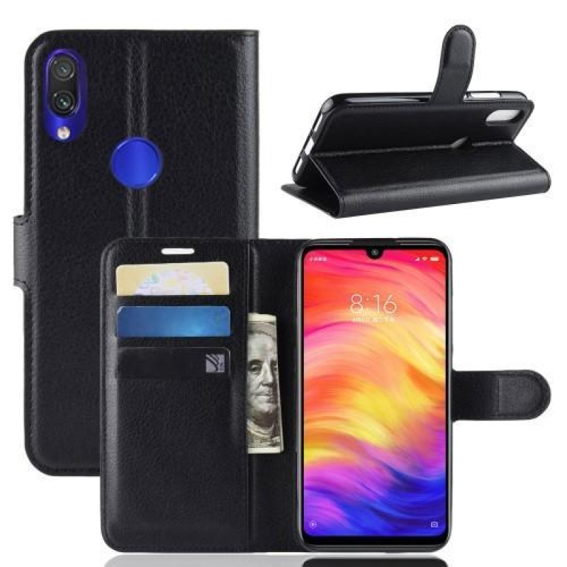 Állvány PU bőr pénztárca tok Xiaomi Redmi Note 7-hez - fekete